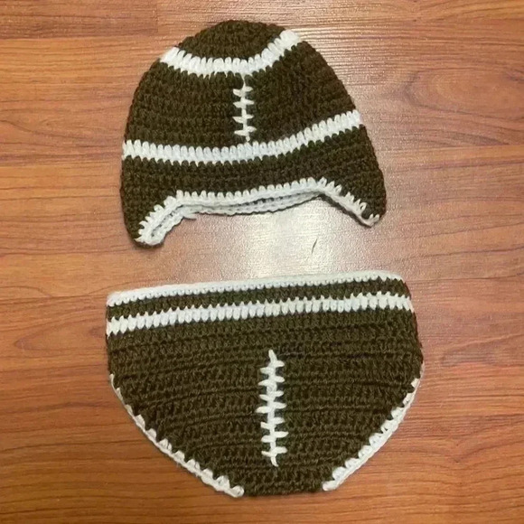 Hand Crocheted Hat & Diaper Cover Set Football - Picture 1 of 3
